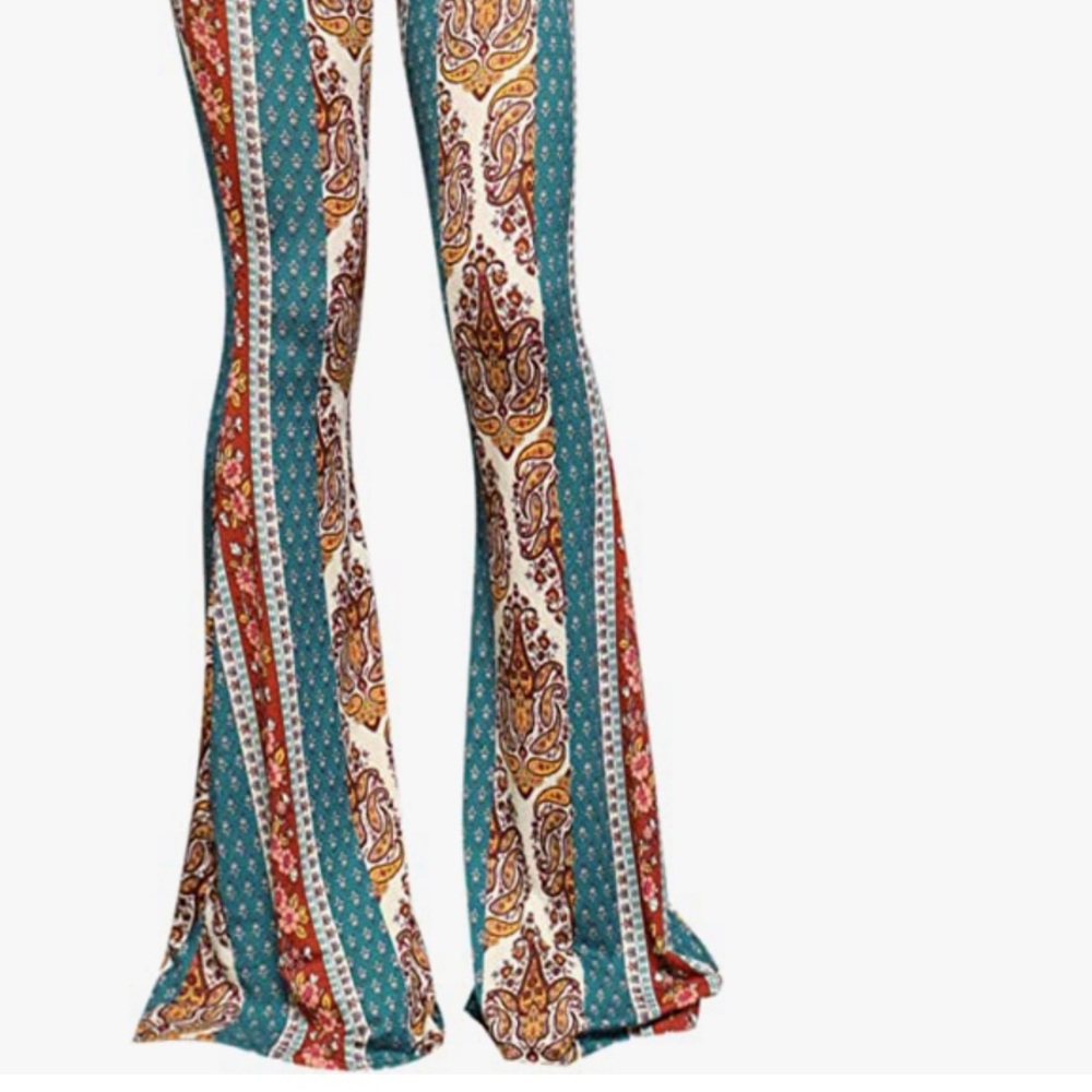 Fall floral bohemian bell bottom flared pants festival rave high waisted soft